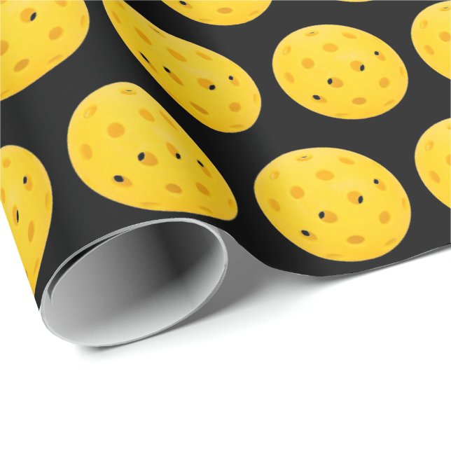 Yellow Pickleball on Black  Wrapping Paper (Roll Corner)