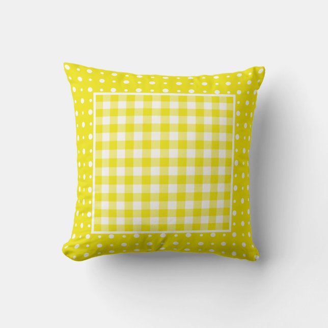 Yellow Pillow or Cushion, Polka Dots and Gingham (Front)