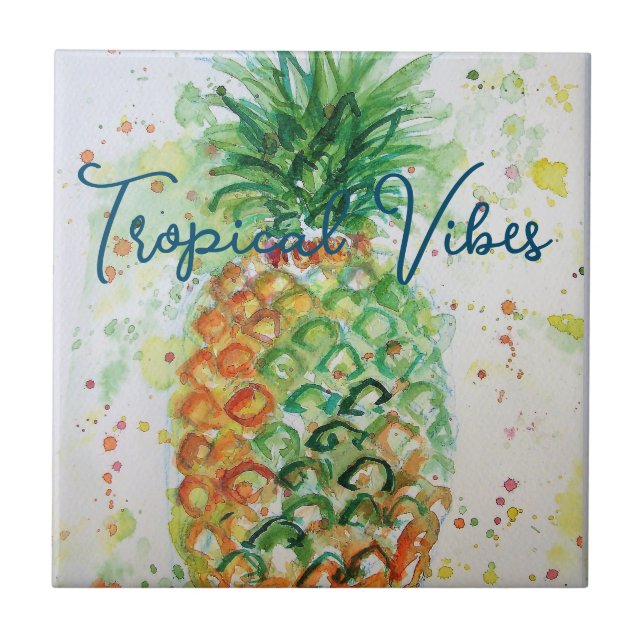 Yellow Pineapple Fruit Beachy Tropical Vibes Tile (Front)