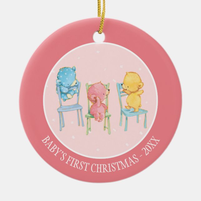 Yellow, Pink, and Blue Bears on Chairs Ceramic Ornament (Front)