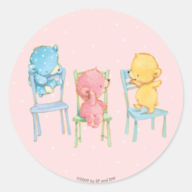 Yellow, Pink, and Blue Bears on Chairs Classic Round Sticker (Front)