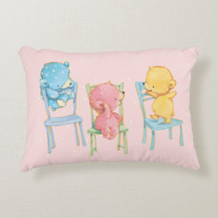 Yellow, Pink, and Blue Bears on Chairs Decorative Pillow