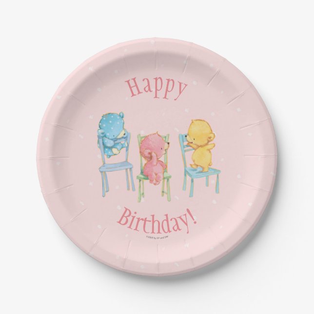 Yellow, Pink, and Blue Bears on Chairs Paper Plate (Front)