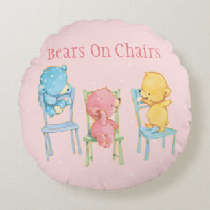 Yellow, Pink, and Blue Bears on Chairs Round Pillow