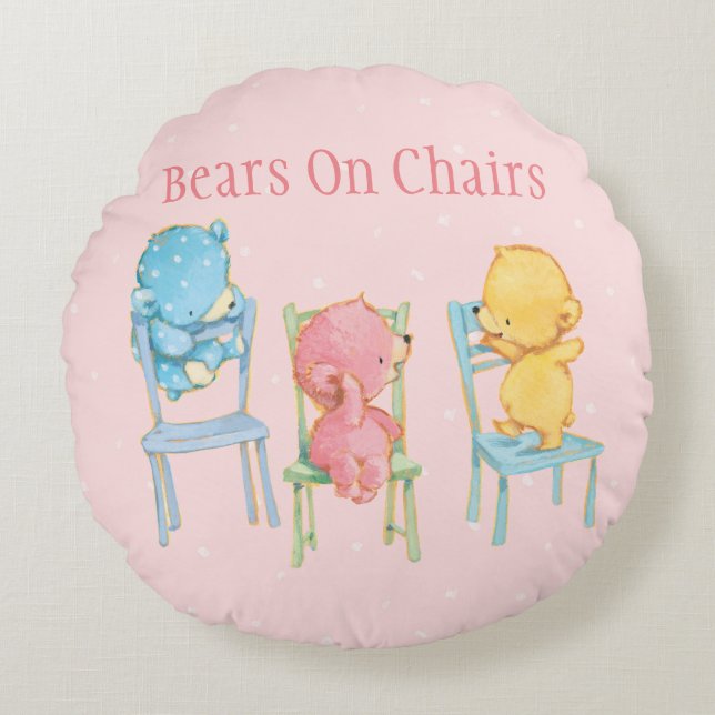 Yellow, Pink, and Blue Bears on Chairs Round Pillow (Front)