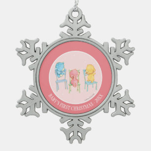 Yellow, Pink, and Blue Bears on Chairs Snowflake Pewter Christmas Ornament