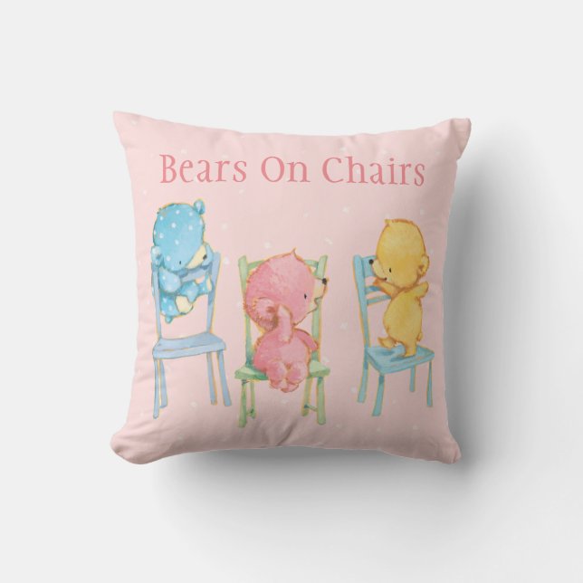 Yellow, Pink, and Blue Bears on Chairs Throw Pillow (Front)