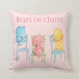 Yellow, Pink, and Blue Bears on Chairs Throw Pillow