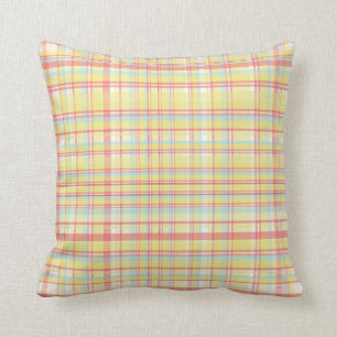 Yellow, Pink, and Blue Plaid Pattern Throw Pillow