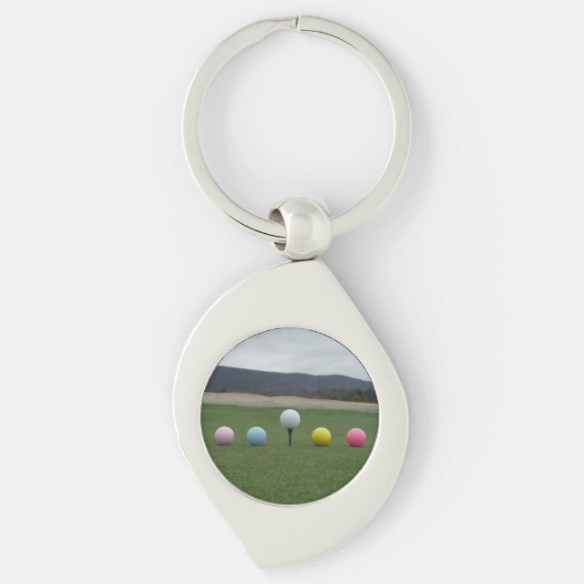 YELLOW, PINK, BLUE AND WHITE  Golf Balls Keychain (Front)