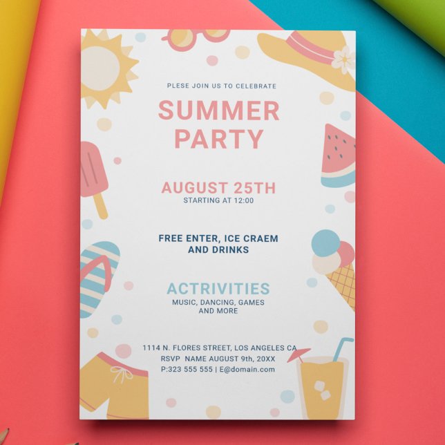 Yellow Pink Blue Simple Summer Party Invitation (Creator Uploaded)