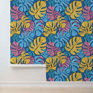 Yellow Pink  Blue Summer Tropical Monstera Leaves Wallpaper
