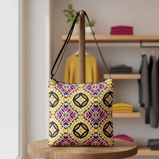 Yellow & Pink Boho Ethnic Geometric Pattern Crossbody Bag (Creator Uploaded)