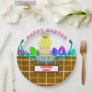 Yellow Pink Chick Easter Eggs Paper Plate