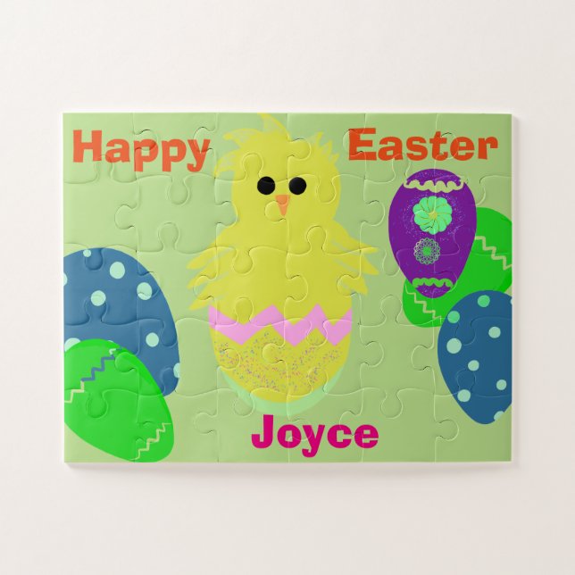 Yellow Pink Chick Eggs Easter Personalized NAME Jigsaw Puzzle (Horizontal)