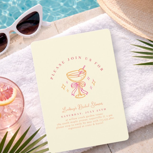 Yellow Pink Cocktail Bridal Shower Bow Invitation (Yellow Pink Cocktail Bridal Shower Bow Invitation)