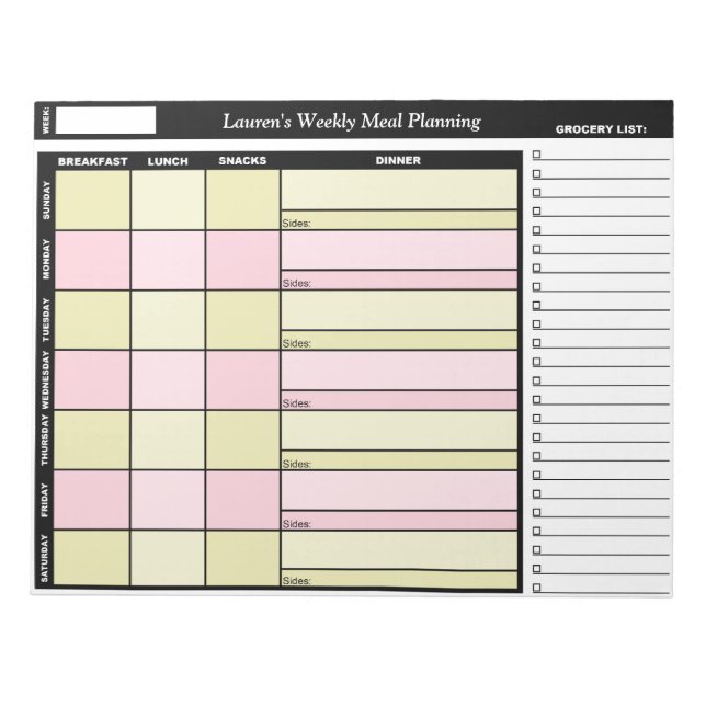 Yellow & Pink Custom Weekly Meal Planning Notepad (Front)