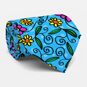 Yellow pink daisies, flowers with blue background tie