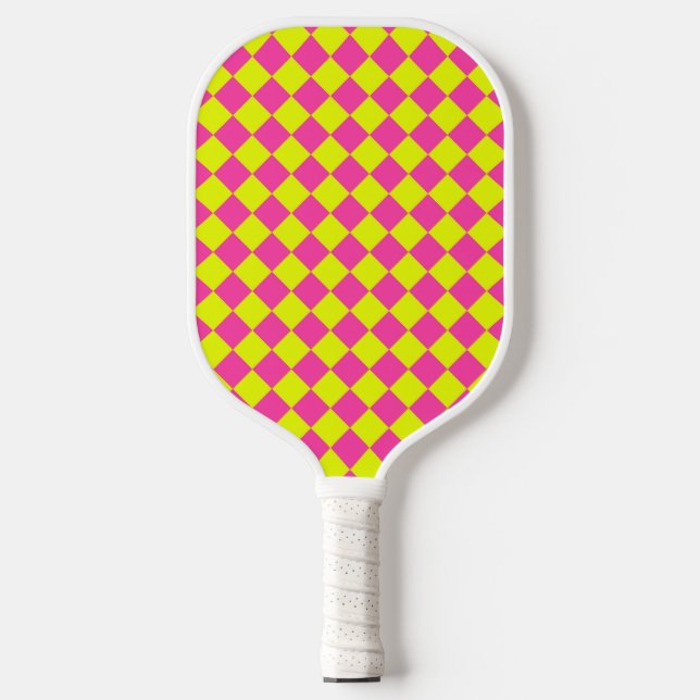 Yellow Pink Diamond Chequered Pattern Pickleball Paddle (Front)