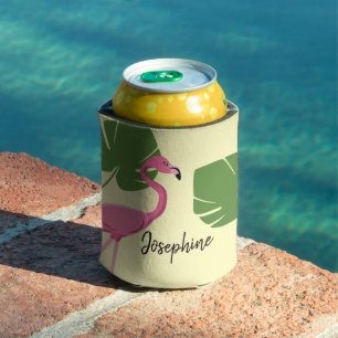 Yellow Pink flamingo Name Custom Can Cooler