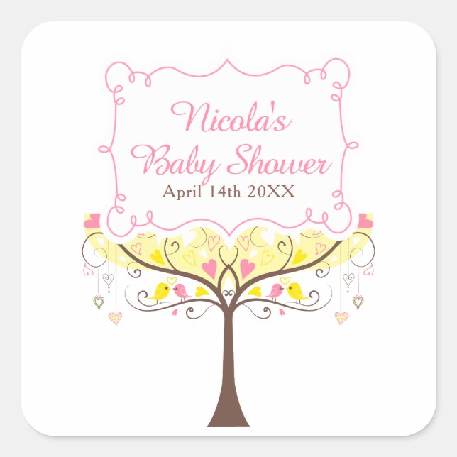 Yellow Pink Floral Bird Baby Shower  Square Sticker (Front)