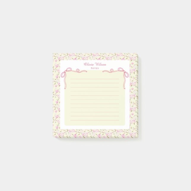Yellow Pink Floral Coquette Bow Custom Name Post-it Notes (Front)