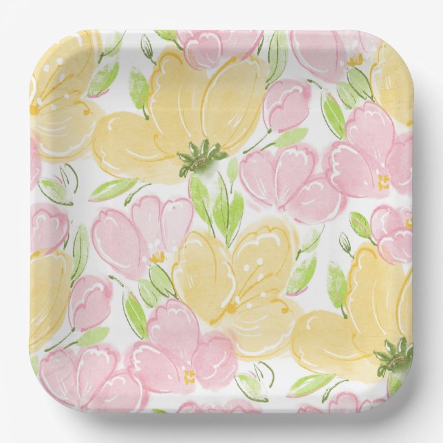 Yellow Pink Floral Paper Plate (Front)