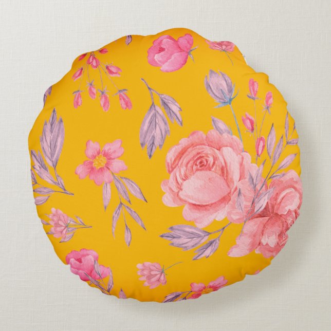 Yellow & Pink Floral Print Round Throw Pillow (Back)