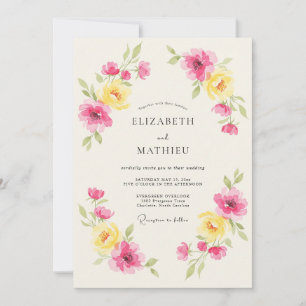 Yellow Pink Floral Spring Wedding Invitation