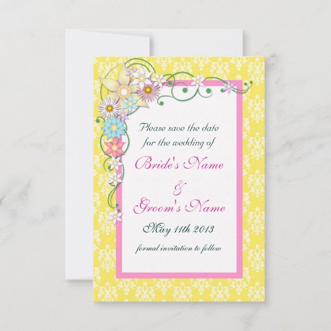 Yellow Pink Floral Spring Wedding Save the Date (Front)