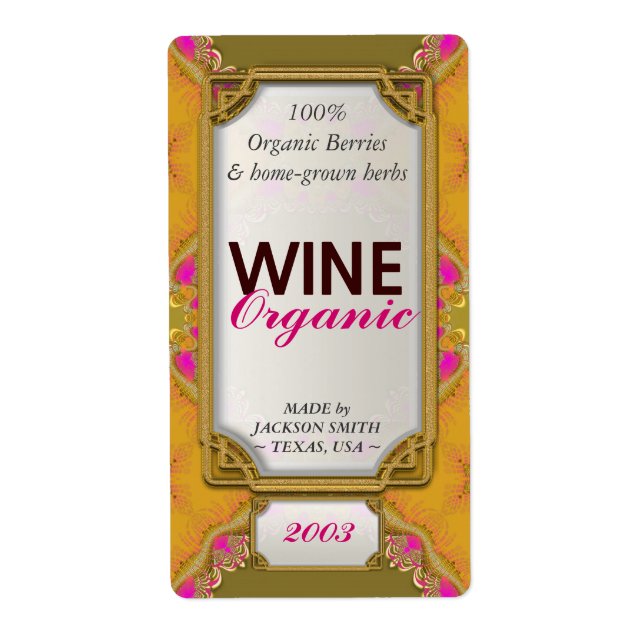Yellow Pink Fractals Custom Wine Bottle Labels (Front)