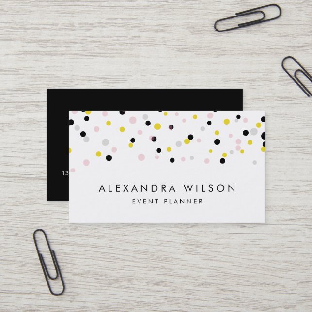 Yellow, Pink, Grey and Black Confetti Dots Modern Business Card (Front/Back In Situ)