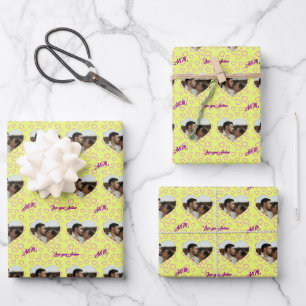 Yellow Pink Heart Pattern Photo Monogram Message Wrapping Paper Sheet