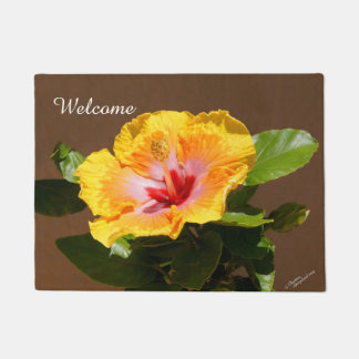 Yellow Pink Hibiscus flower Welcome Doormat
