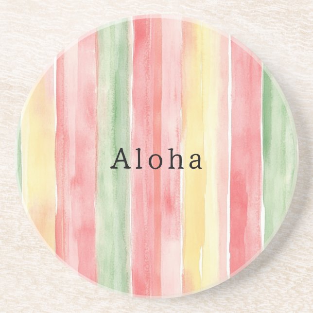 Yellow Pink Mint Stripes Aloha Coaster (Front)