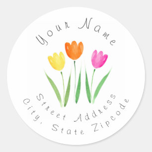 Yellow, Pink, Orange Watercolor Tulip Stems Labels