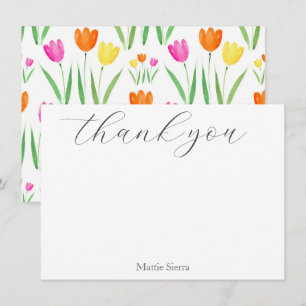 Yellow, Pink, Orange Watercolor Tulips Pattern Thank You Card
