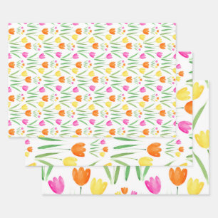 Yellow, Pink, Orange Watercolor Tulips Pattern  Wrapping Paper Sheet