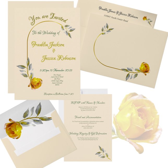 Yellow-Pink Peace Rose w' Pale Green-Gold Wedding Acrylic Invitations (Creator Uploaded)