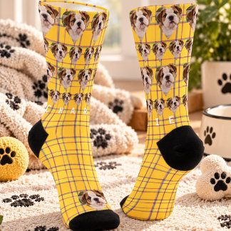 Yellow Pink Plaid Custom Pet Photo Name Socks