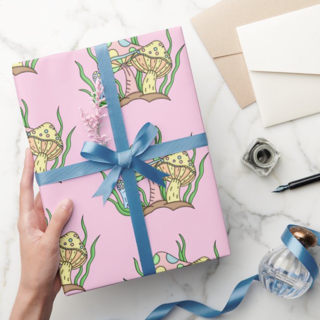 Yellow Pink Pop Art Style Retro Mushroom Birthday  Wrapping Paper (Gifting)