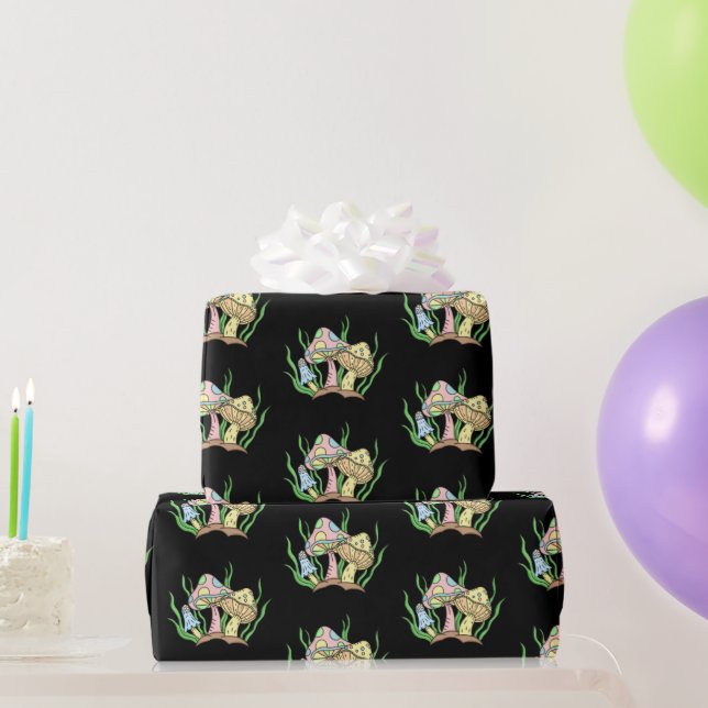 Yellow Pink Pop Art Style Retro Mushroom Birthday  Wrapping Paper (Party Gifts)