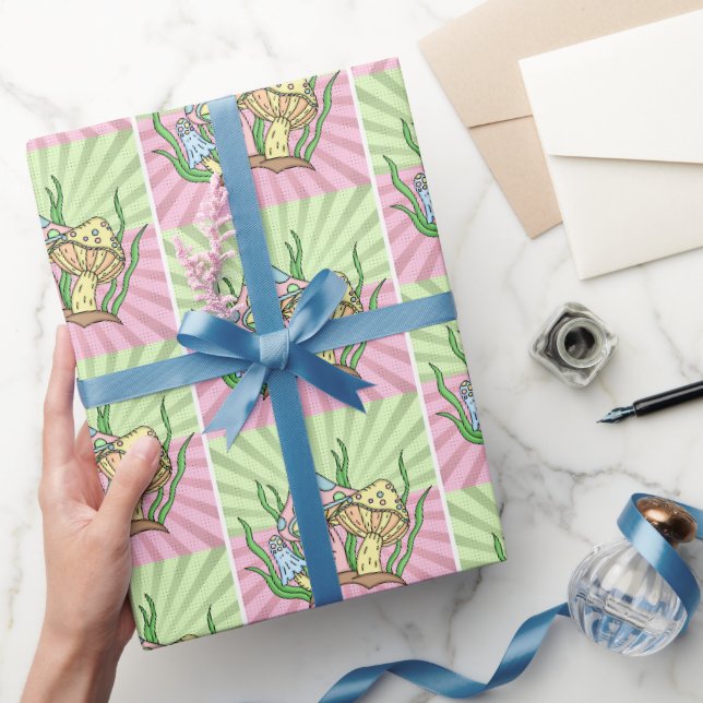 Yellow Pink Pop Art Style Retro Mushroom Birthday Wrapping Paper (Gifting)