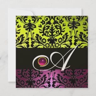 YELLOW PINK PURPLE BLACK DAMASK MONOGRAM Amethyst Invitation