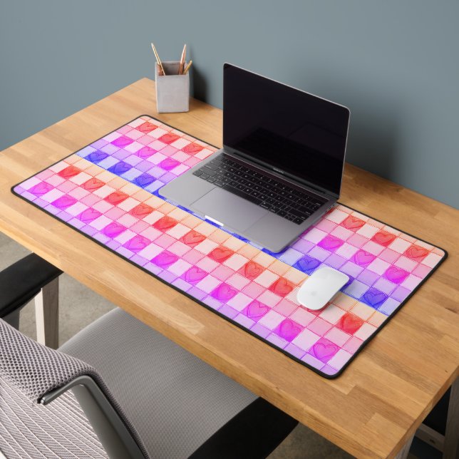 Yellow pink purple Heart gingham Desk Mat (Office 2)