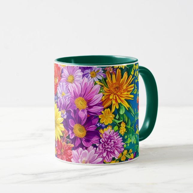 Yellow Pink Red Blue Green Garden Flowers Pattern Mug (Front Right)