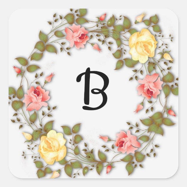 Yellow & Pink Rose Monogram Pattern Square Sticker (Front)