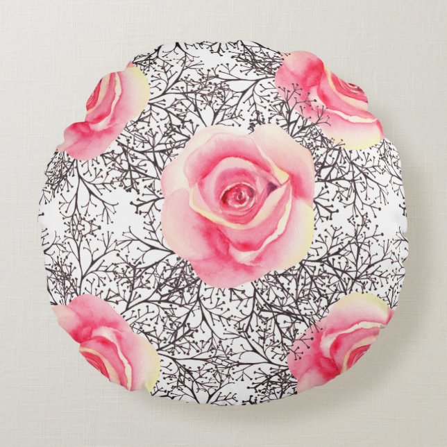 Yellow Pink Rose Print Round Pillow (Front)