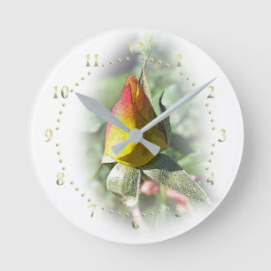 yellow pink rosebud round clock