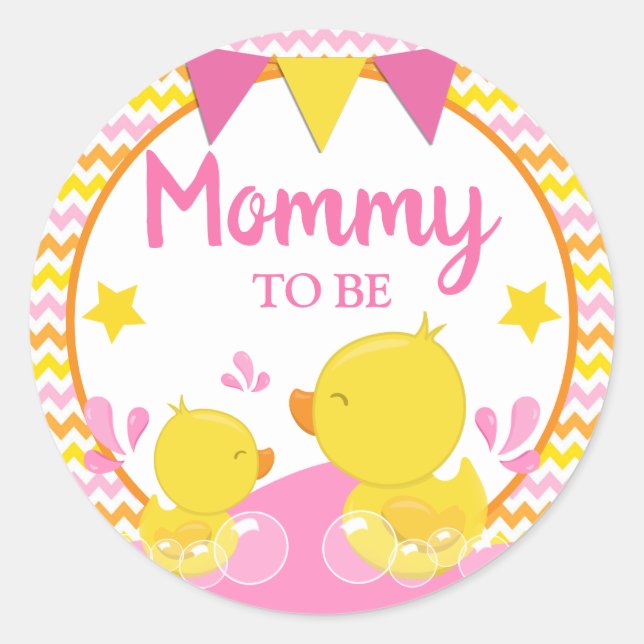 Yellow & Pink Rubber Ducky Polka Dot Mommy to be Classic Round Sticker (Front)